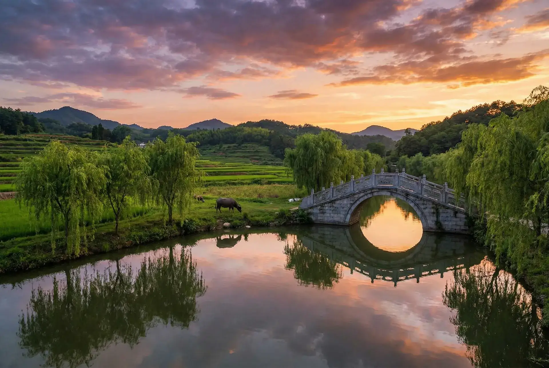 夕阳下的石拱桥与垂柳，水牛在河边吃草 - 五福星撞鬼国语版高清 乡村美景